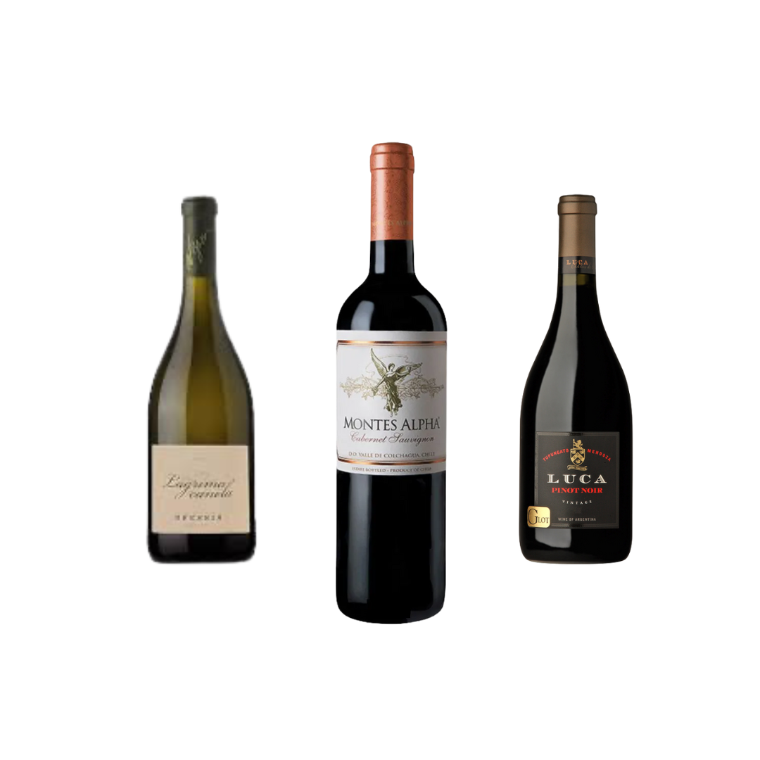 Selección de Varietales: 1 Bressia Lagrima Canela Chardonnay 2021 + 1 Montes Alpha Cabernet Sauvignon 2020 (94P) + 1 Luca Pinot 2020 (94P)