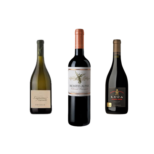 Selección de Varietales: 1 Bressia Lagrima Canela Chardonnay 2021 + 1 Montes Alpha Cabernet Sauvignon 2020 (94P) + 1 Luca Pinot 2020 (94P)